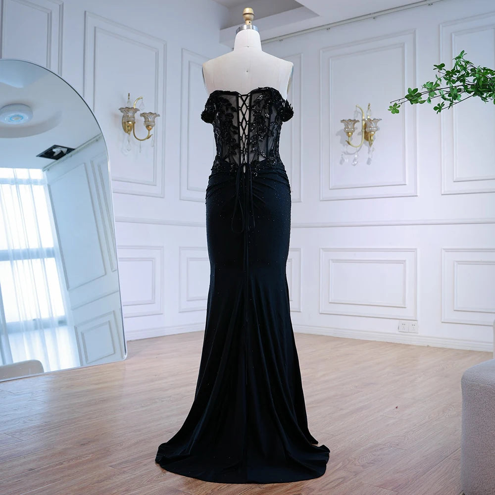 Classy Black Off-Shoulder Lace Prom Dress LA72999 - SERENE HILL