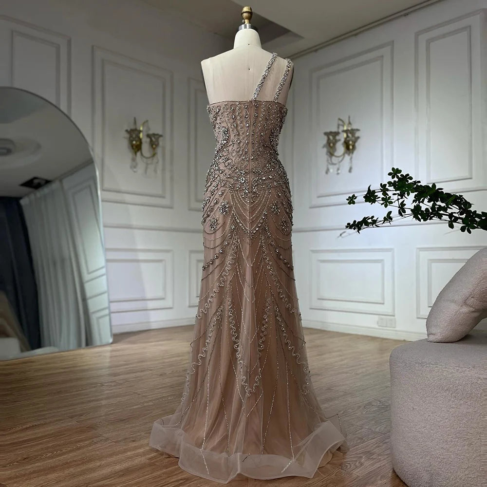 Luxury Dubai Elegant Nude One Shoulder Beaded Evening Dresses Gowns for Formal Occasion LA72791 - SERENE HILL