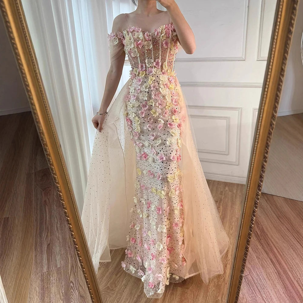 Luxury Nude Floral Beaded Off-Shoulder Evening Dress with Overskirt LA72861 - SERENE HILL