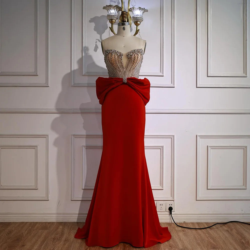 Designer Red Satin Evening Dress with Bow LA73060 - SERENE HILL