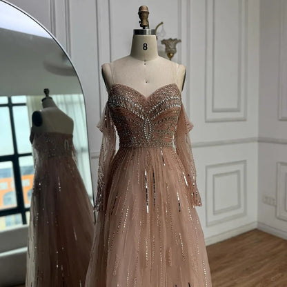 Luxury Caramel Crystal Beaded Long Sleeve Mermaid Evening Dress LA73130 - SERENE HILL