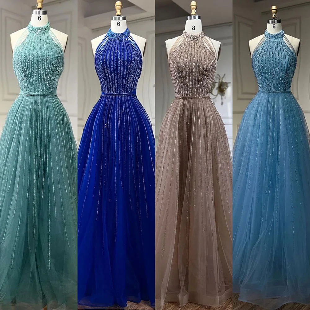 Luxury Arabic Blue Sequin Tassel Halter A Line Evening Dress LA72227 - SERENE HILL