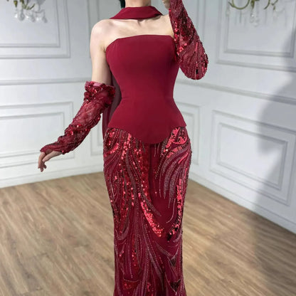 Luxury Wine Red Mermaid Evening Dress With Gloves LA73050E - SERENE HILL