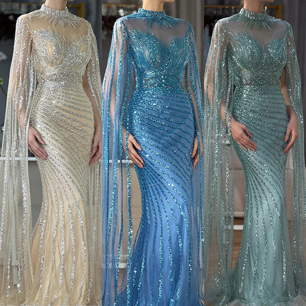 Luxury Dubai Arabic Nude Mermaid Long Evening Dresses With CapeLA71885B - SERENE HILL