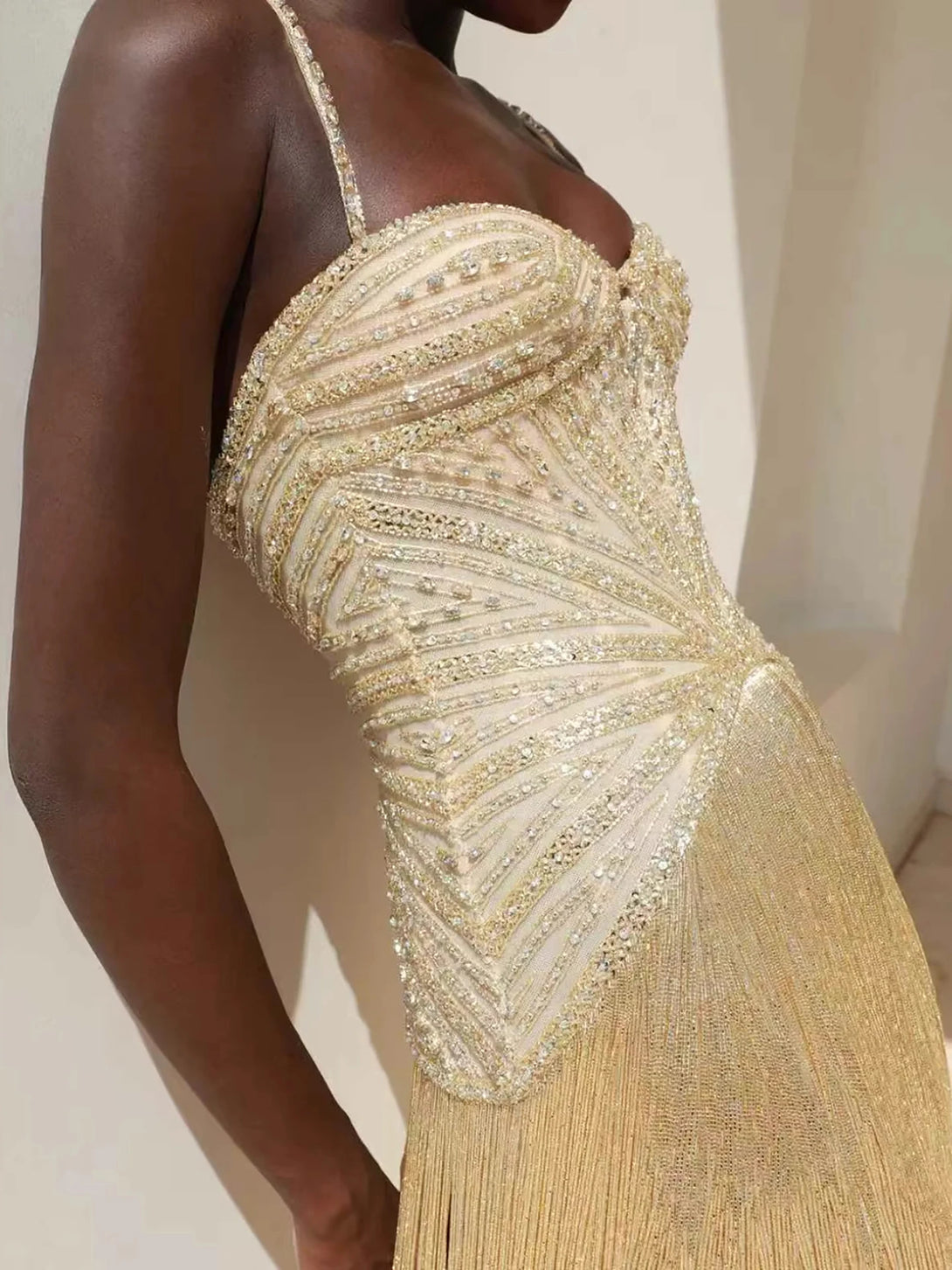 Luxury Arabic Gold Mermaid Beaded Tassel Evening Dress LA73446 Gold / 6