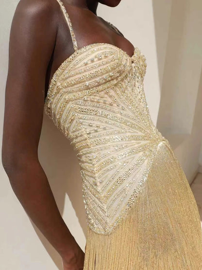 Luxury Arabic Gold Mermaid Beaded Tassel Evening Dress LA73446 - SERENE HILL
