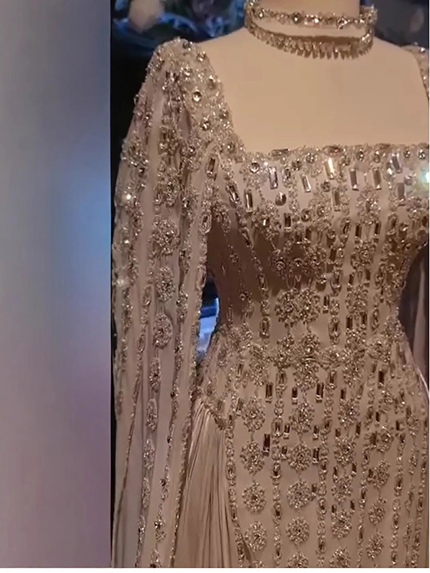 Luxury Silver Dubai Crystal Evening Dress with Cape LA73272 - SERENE HILL