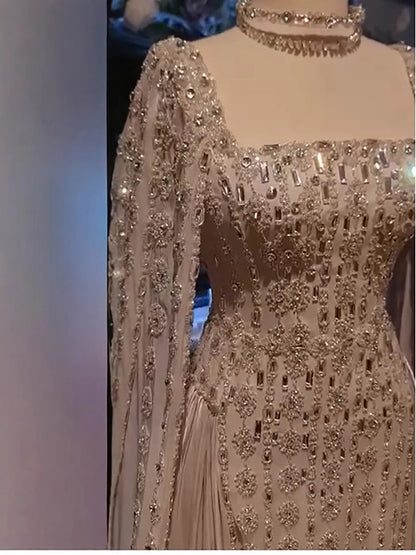 Luxury Silver Dubai Crystal Evening Dress with Cape LA73272 - SERENE HILL