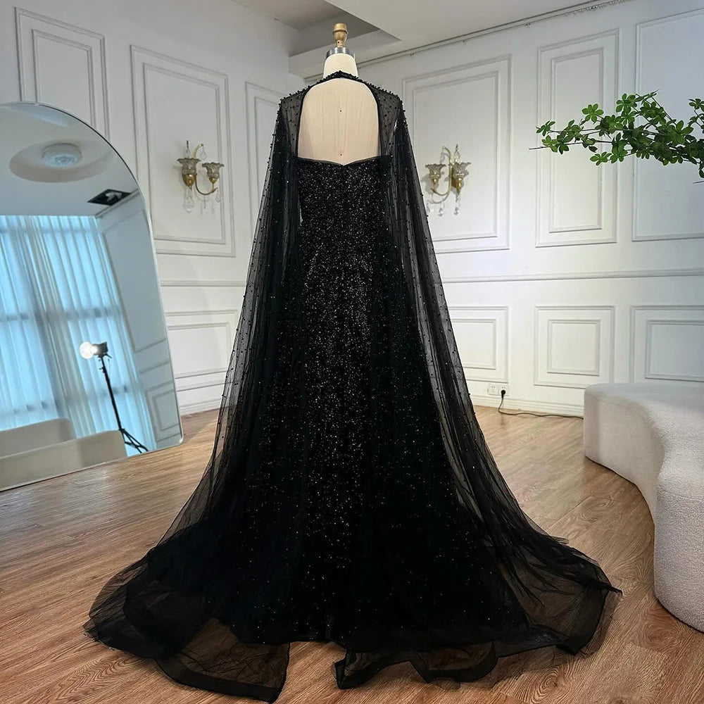 Luxury Arabic Blue A-Line Evening Dress with Cape Sleeves Plus Size LA72659 - SERENE HILL