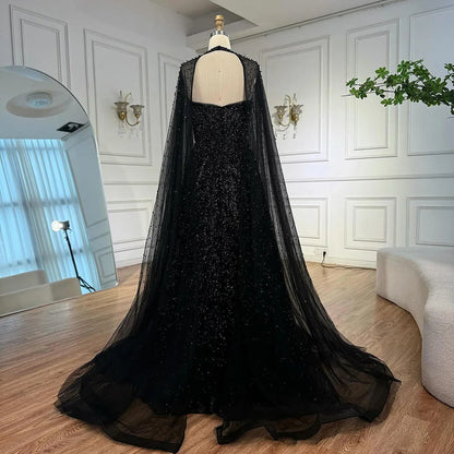 Luxury Arabic Blue A-Line Evening Dress with Cape Sleeves Plus Size LA72659 - SERENE HILL