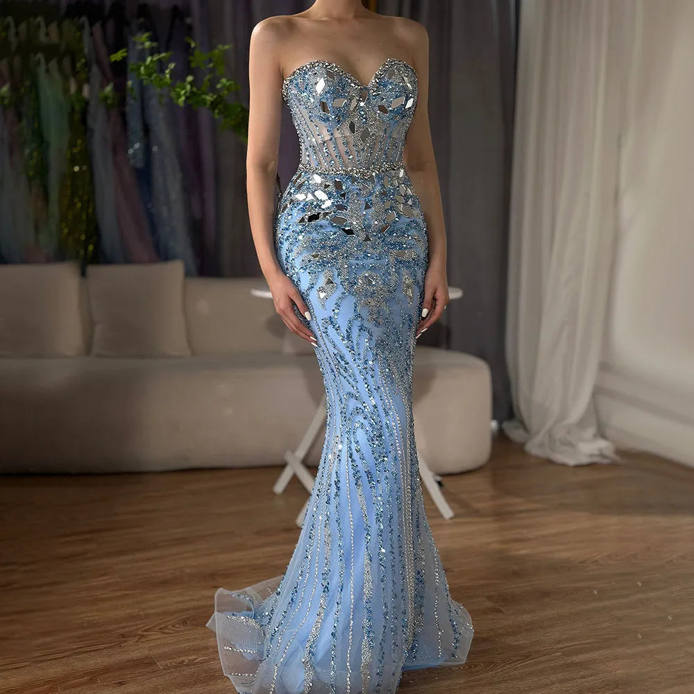 Serene Hill Arabic Blue Elegant Mermaid Beaded Luxury Dubai Evening Dresses Gowns 2025 for Women&