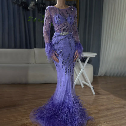 Serene Hill Elegant Mermaid Evening Dress Arabic Purple Beaded Feathers | Luxury Gown for Women&