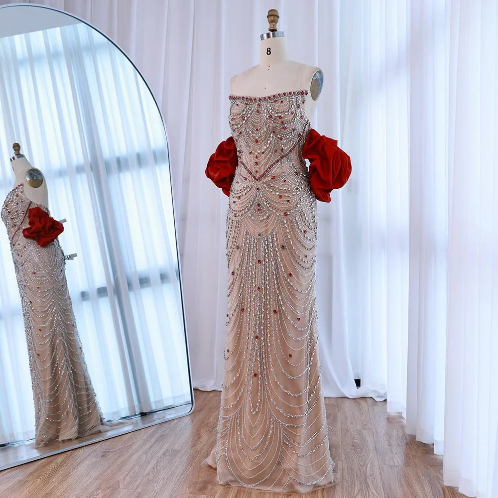 Luxury Beaded Evening Dress Puff Sleeves Pearl Adorned LA72903 - SERENE HILL