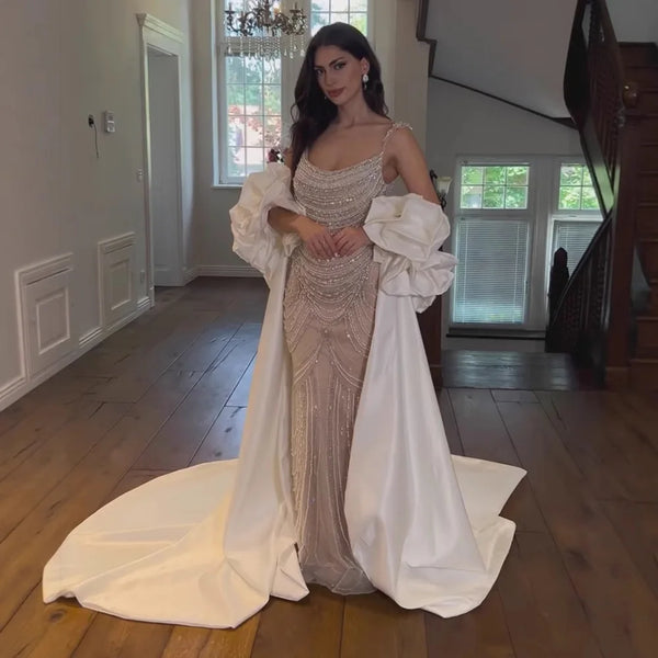 White Nude Beaded Mermaid Evening Dress with Satin Cape LA72253B
