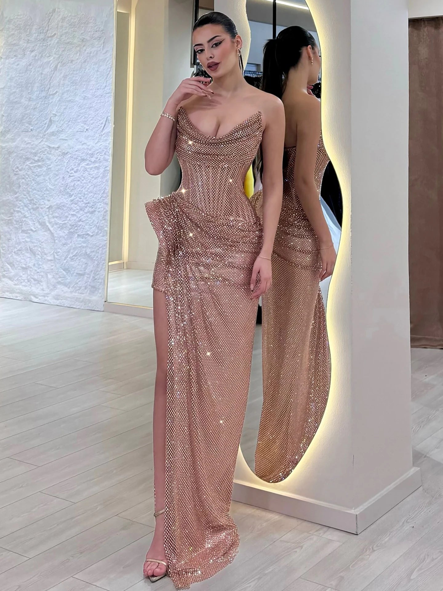 Luxury Rose Gold Saudi Arabic Beaded High Split Evening Dress LA72807B - SERENE HILL