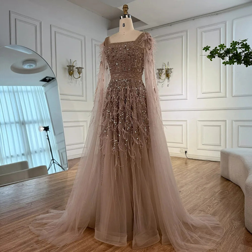 Elegant Blue Beaded Feather A-Line Evening Dress With Cape LA73043 - SERENE HILL