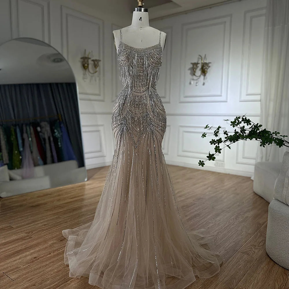 Luxury Nude Pink Crystal Tassel Mermaid Evening Dress LA72772 - SERENE HILL