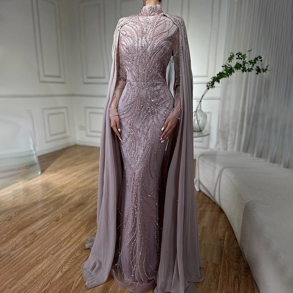 Modest Muslim Sage Green Evening Dress with Cape Long Sleeves LA72413A