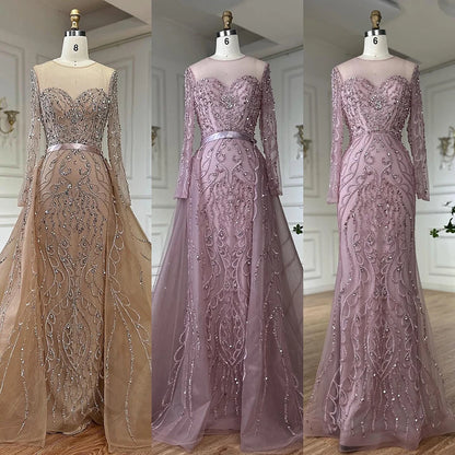 Luxury Dubai Pink Beaded Saudi Arabic Mermaid Evening Gown with Sheer Long Sleeves for Formal Occasion LA72875 - SERENE HILL