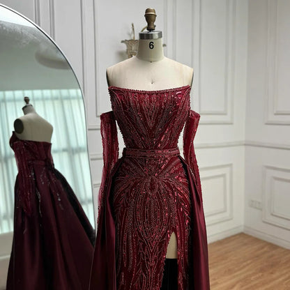 Luxury Wine Red Beaded Evening Dress Gown with Gloves and Overskirt LA72935 - SERENE HILL
