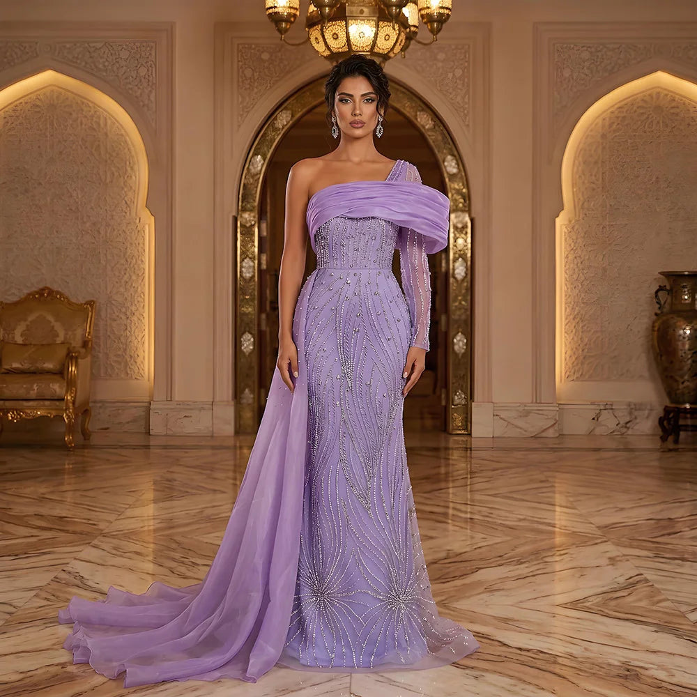 Serene Hill Purple Arabic Evening Dress Side Train Pearls One Shoulder for Women&