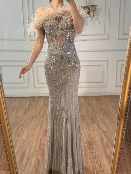 Luxury Nude Halter Feather Crystal Evening Dress LA73349 - SERENE HILL