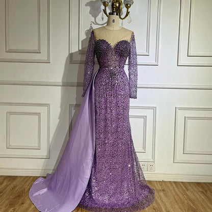Serene Hill Purple Mermaid Elegant With Overskirt Luxury Pearls Beaded Evening Dresses Gowns for Women Wedding Party LA72429 - SERENE HILL