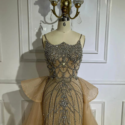 Luxury Dubai Nude Saudi Beaded Spaghetti Strap Evening Dress with Overskirt LA72810 - SERENE HILL
