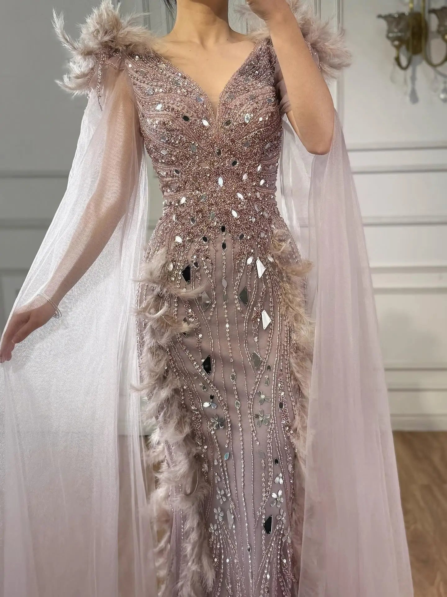 Luxury Caramel Feather Mirror Beaded Mermaid Evening Dress With Cape LA73328 - SERENE HILL