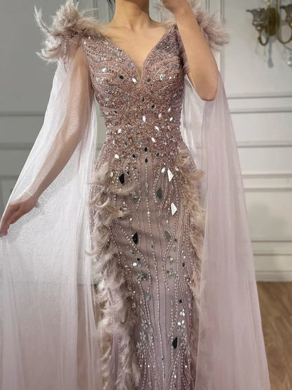 Luxury Caramel Feather Mirror Beaded Mermaid Evening Dress With Cape LA73328 - SERENE HILL