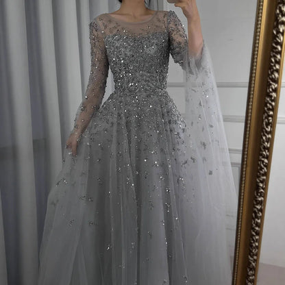 Luxury Beaded Evening Dress With Cape Sleeves LA72965 - SERENE HILL