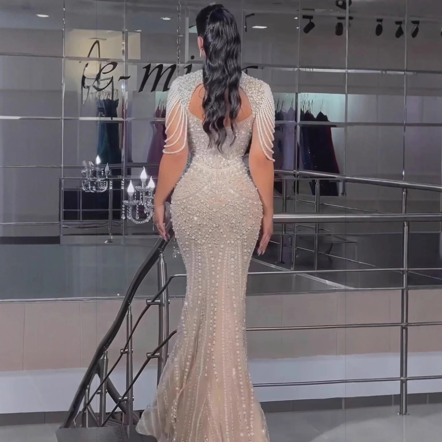 Luxury Nude Pearls Beaded Mermaid Evening Dress LA73199 - SERENE HILL