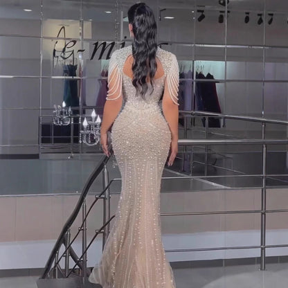 Luxury Nude Pearls Beaded Mermaid Evening Dress LA73199 - SERENE HILL
