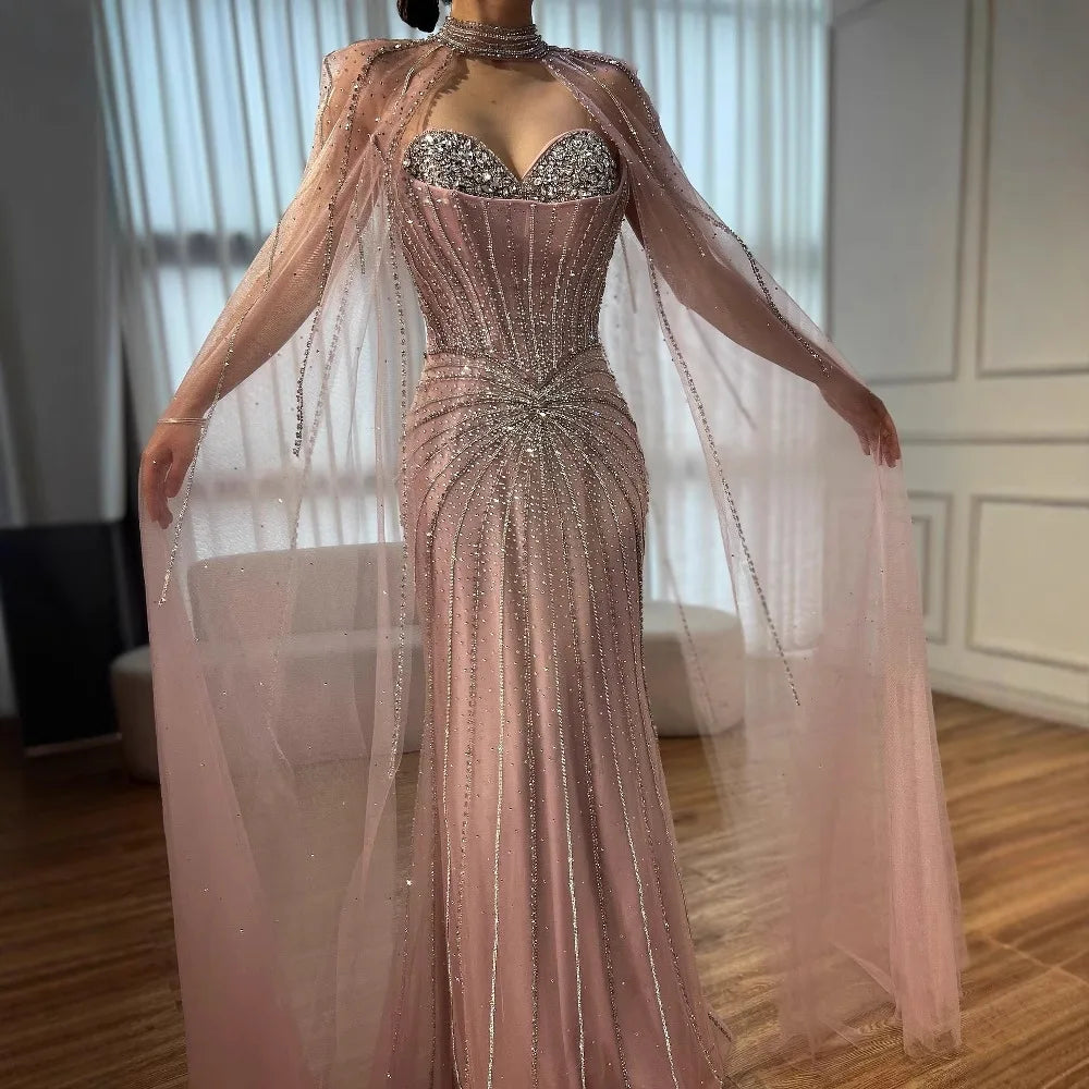 Nude Luxury Beaded Mermaid Evening Gown with Cape Sleeves LA72811A - SERENE HILL