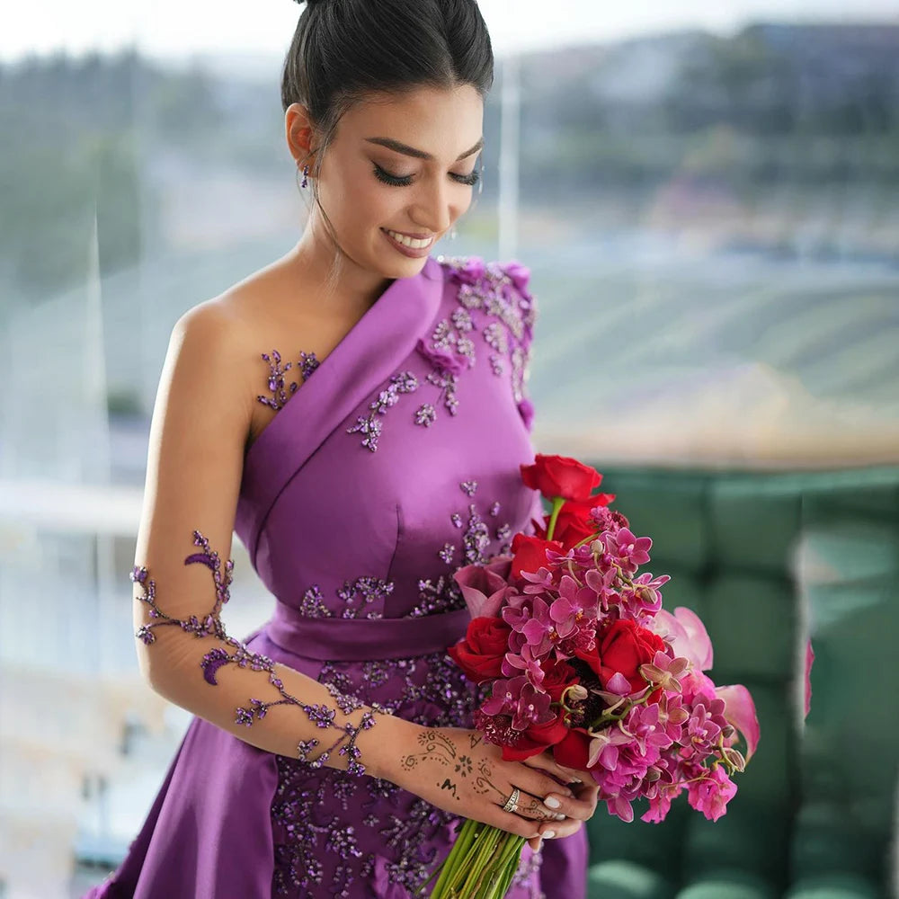Serene Hill Arabic Purple Mermaid Satin Lace Beaded Luxury Dubai Evening Dresses Gowns 2025 Elegant For Women Party LA72179 - SERENE HILL