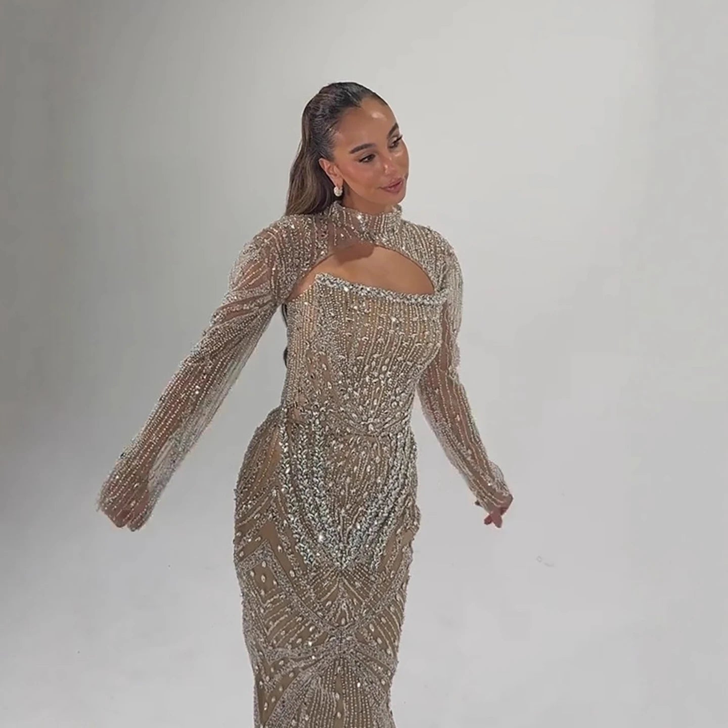 Luxury Arabic Nude Crystal Beaded Mermaid Evening Dress with Jacket LA73376 - SERENE HILL