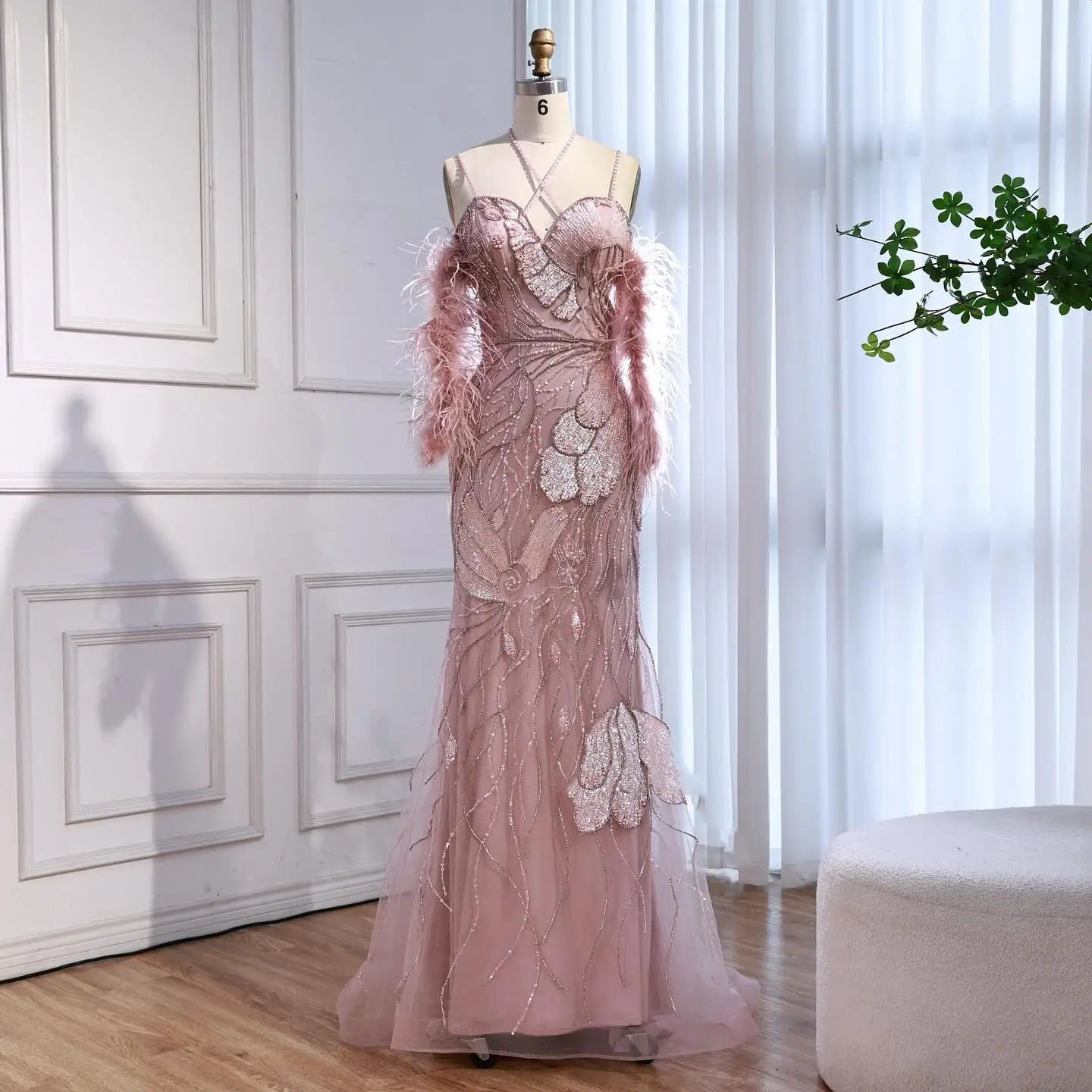 Luxury Pink Beaded Mermaid Evening Dress with Spaghetti Straps LA72492 - SERENE HILL