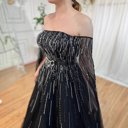 Luxury Black A Line Beaded Evening Dress with Cape Sleeves LA71824 - SERENE HILL