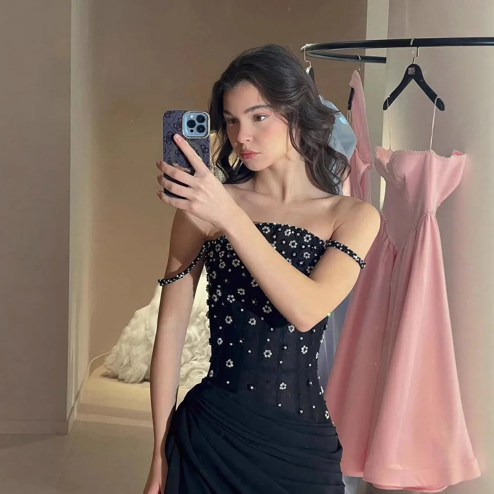 Luxury Black Beaded Mermaid Prom Dress with Spaghetti Straps LA73047 - SERENE HILL