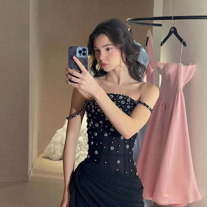 Luxury Black Beaded Mermaid Prom Dress with Spaghetti Straps LA73047 - SERENE HILL