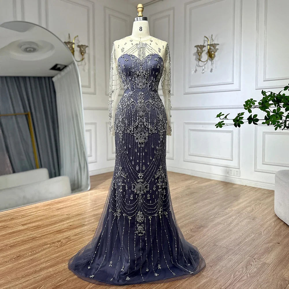 Luxury Dubai Blue Crystal Beaded Evening Dress with Overskirt LA72757 - SERENE HILL