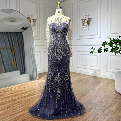 Luxury Dubai Blue Crystal Beaded Evening Dress with Overskirt LA72757 - SERENE HILL