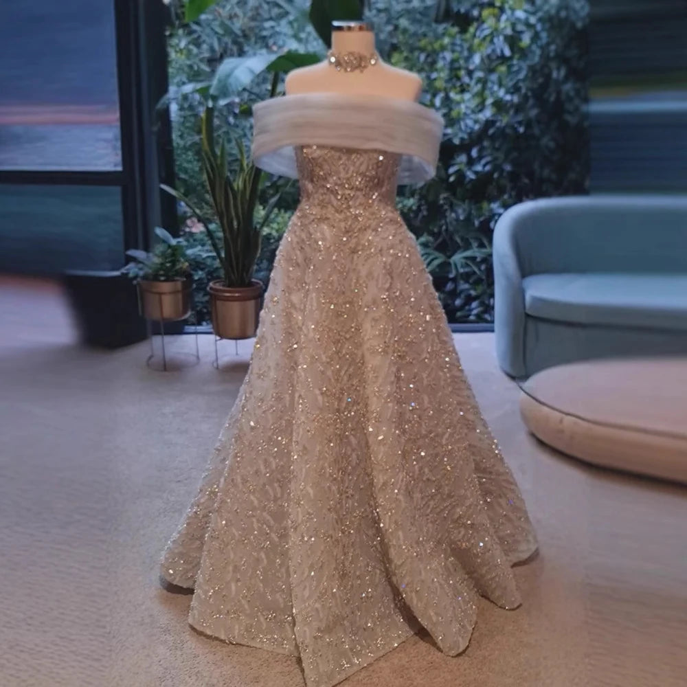 Glamorous Silver Gray Off-Shoulder Beaded Evening Dress LA73062 - SERENE HILL