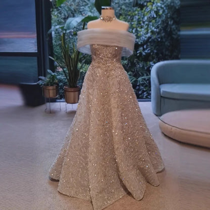 Glamorous Silver Gray Off-Shoulder Beaded Evening Dress LA73062 - SERENE HILL