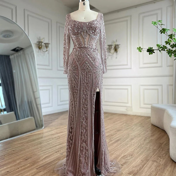 Luxury  Dubai Beaded Evening Dress With  Long Sleeve LA72518