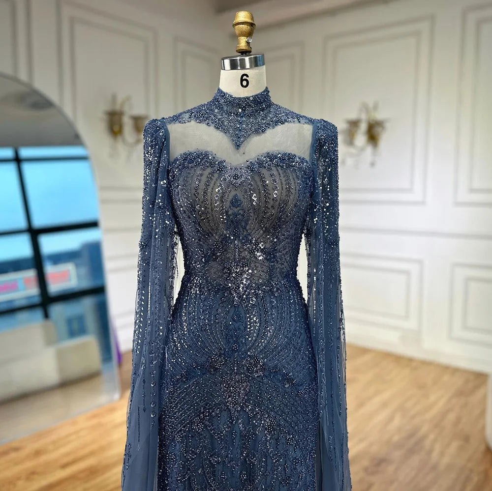 Luxury Modest Blue Mermaid Evening Dress with Cape LA73006 - SERENE HILL