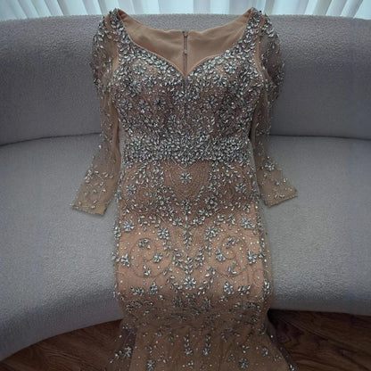 Luxury Nude Beaded Crystal Evening Dress with Long Sleeves LA73042 - SERENE HILL