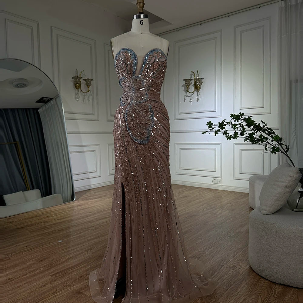 Luxury Dubai Saudi Arabic Pink Mermaid Evening Dress with High Split for Formal Occasion LA72480 - SERENE HILL