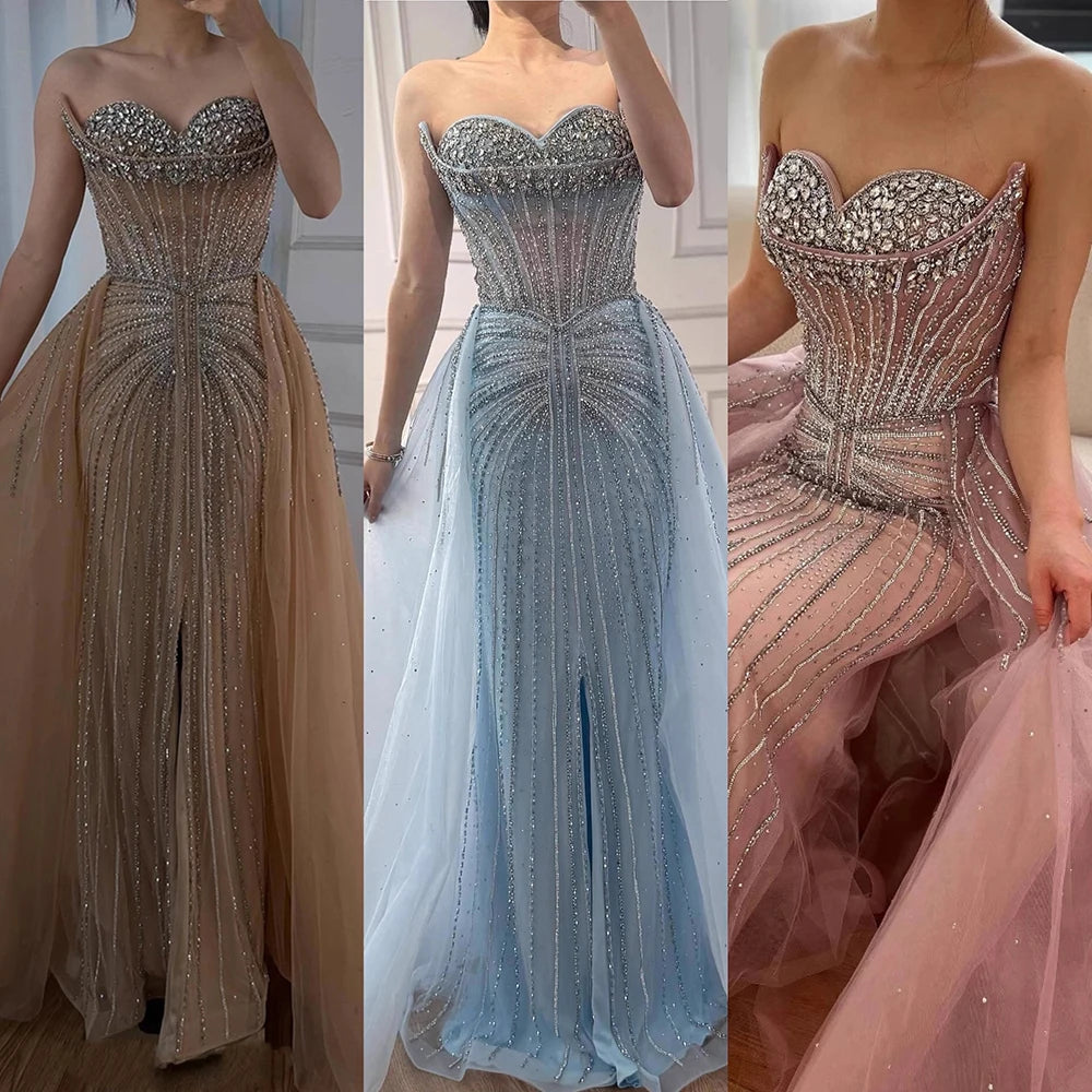 Luxury Dubai Nude Beaded Mermaid Evening Dress with Overskirt LA72811 - SERENE HILL