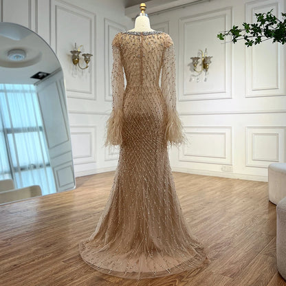 Luxury Nude Beaded Evening Dress with Feather Cuffs LA72892 - SERENE HILL
